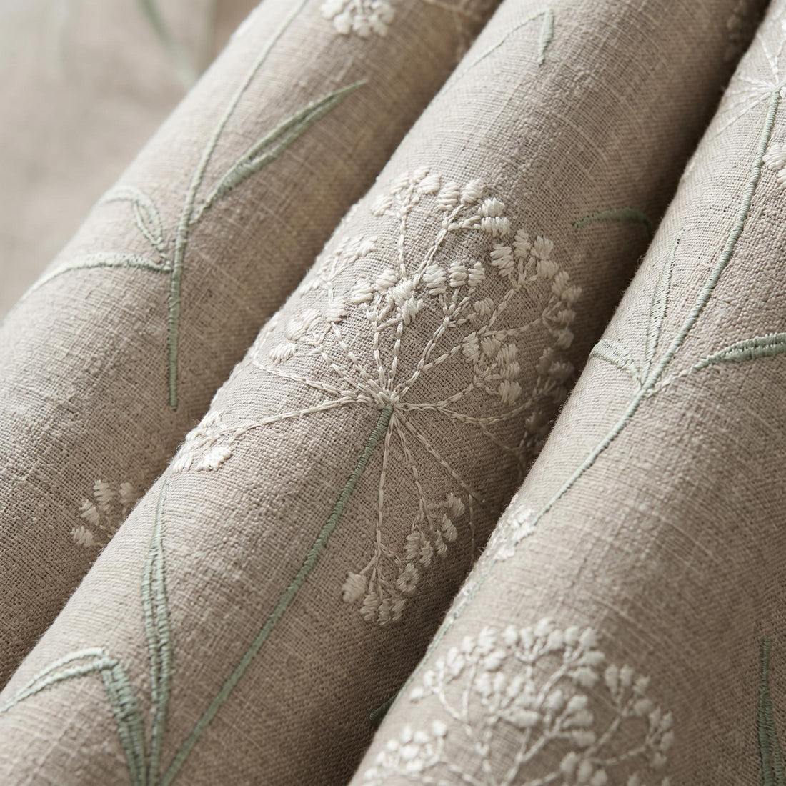 Sage Green Ivory Wildflower Embroidered Linen Curtains, Natural Beige Heavy Drapes, Custom Blackout Cotton Lined — image 1