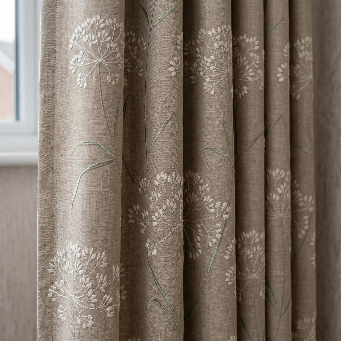 Sage Green Ivory Wildflower Embroidered Linen Curtains, Natural Beige Heavy Drapes, Custom Blackout Cotton Lined — image 1