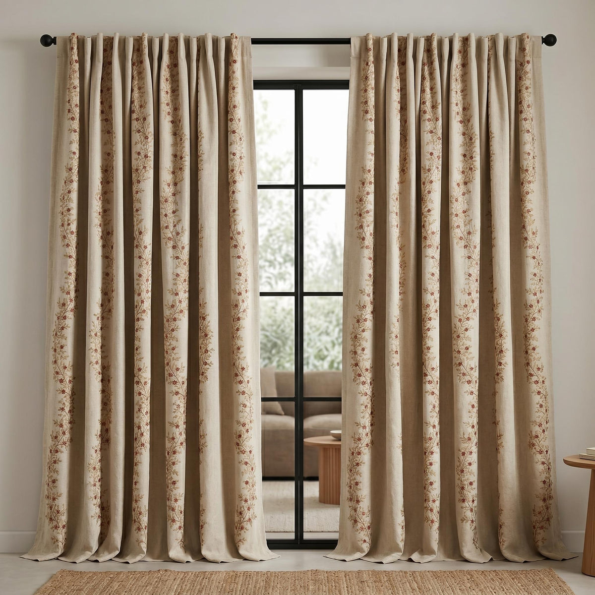 Rust Red Floral Vine Embroidered Linen Curtains, Natural Beige Heavy Drapes, Custom Blackout Cotton Lined Panels — image 5