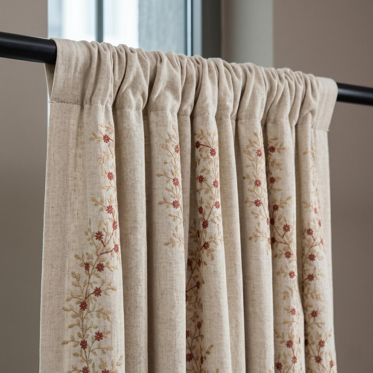 Rust Red Floral Vine Embroidered Linen Curtains, Natural Beige Heavy Drapes, Custom Blackout Cotton Lined Panels — image 10
