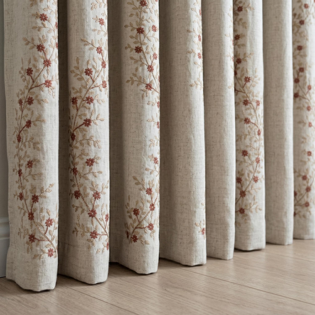 Rust Red Floral Vine Embroidered Linen Curtains, Natural Beige Heavy Drapes, Custom Blackout Cotton Lined Panels — image 3