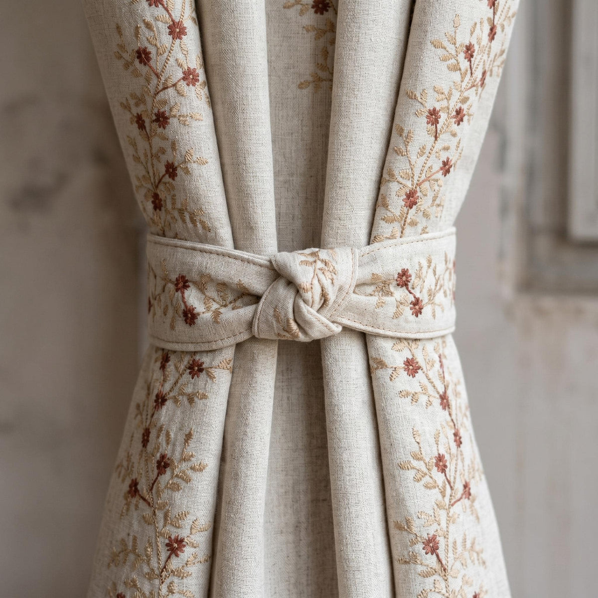Rust Red Floral Vine Embroidered Linen Curtains, Natural Beige Heavy Drapes, Custom Blackout Cotton Lined Panels — image 1