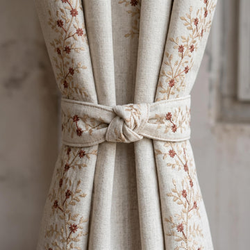 Rust Red Floral Vine Embroidered Linen Curtains, Natural Beige Heavy Drapes, Custom Blackout Cotton Lined Panels — image 1