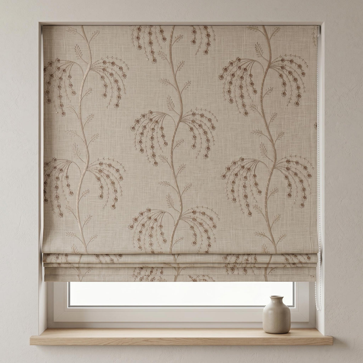 Taupe Floral Embroidered Linen Roman Shade, Custom Blackout or Cotton Lined Corded Window Blind, Beige Botanical Blind — image 2