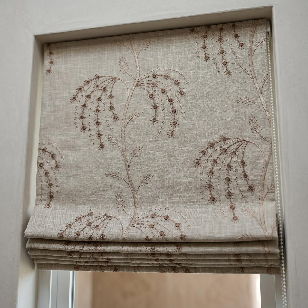Taupe Floral Embroidered Linen Roman Shade, Custom Blackout or Cotton Lined Corded Window Blind, Beige Botanical Blind — image 7