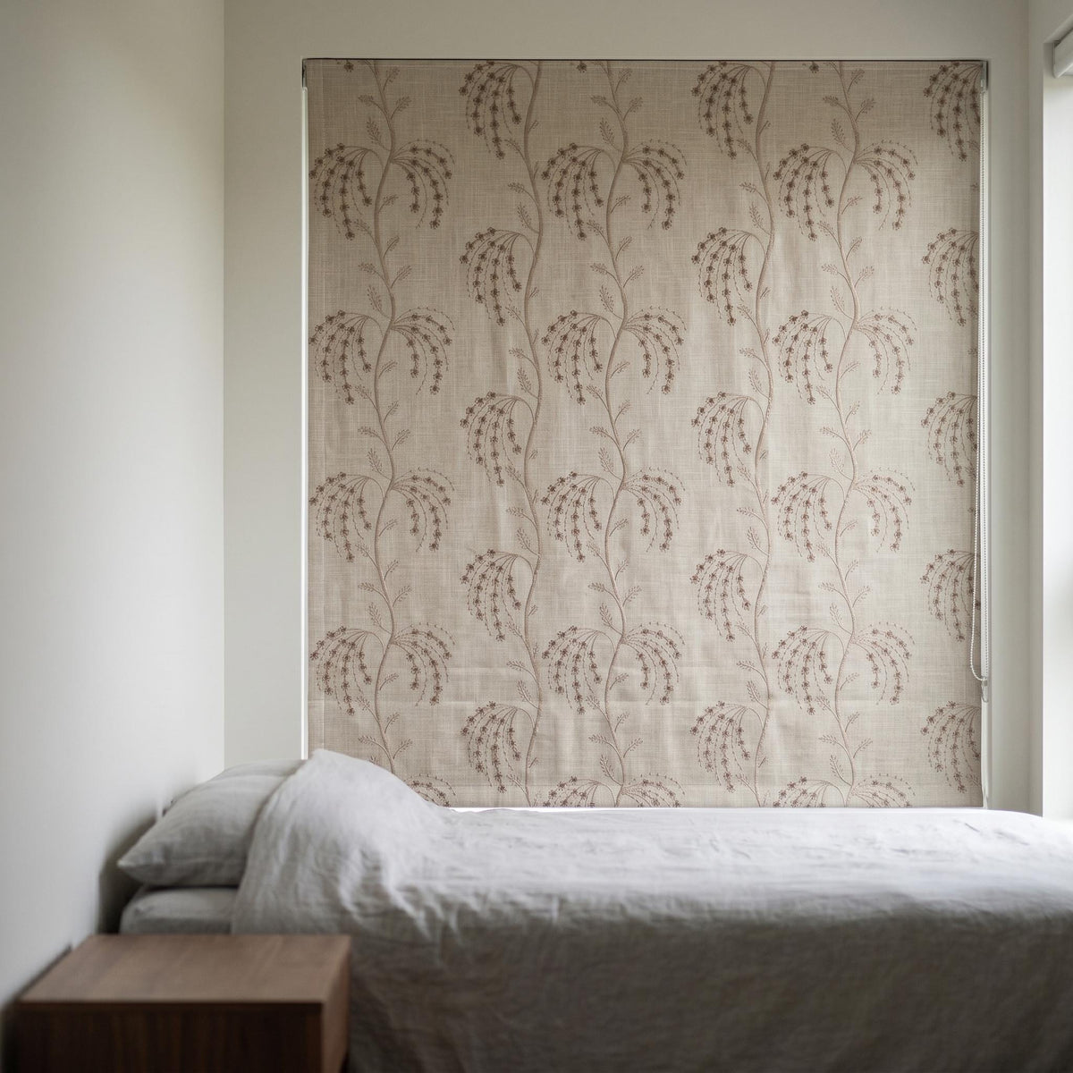 Taupe Floral Embroidered Linen Roman Shade, Custom Blackout or Cotton Lined Corded Window Blind, Beige Botanical Blind — image 5