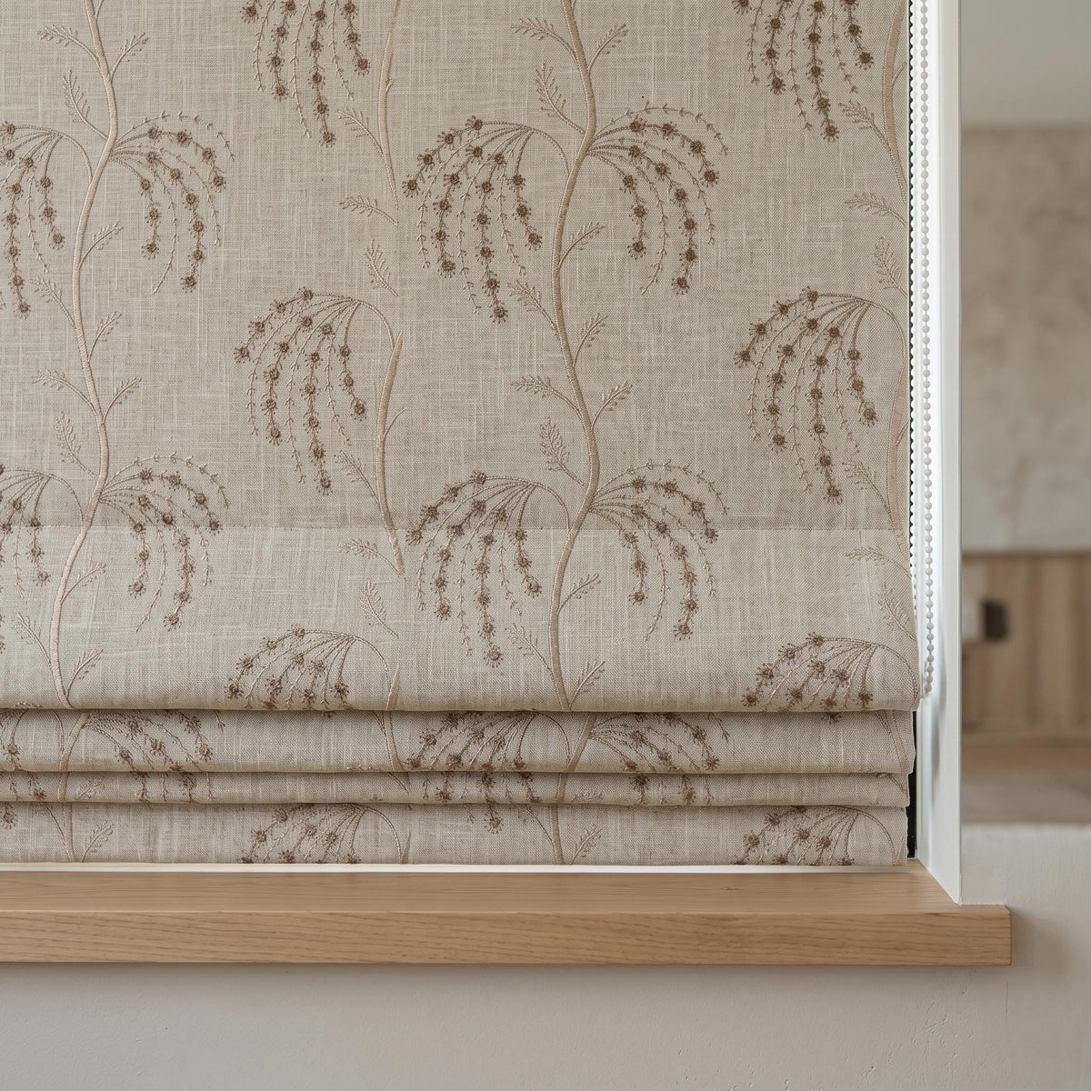 Taupe Floral Embroidered Linen Roman Shade, Custom Blackout or Cotton Lined Corded Window Blind, Beige Botanical Blind — image 6
