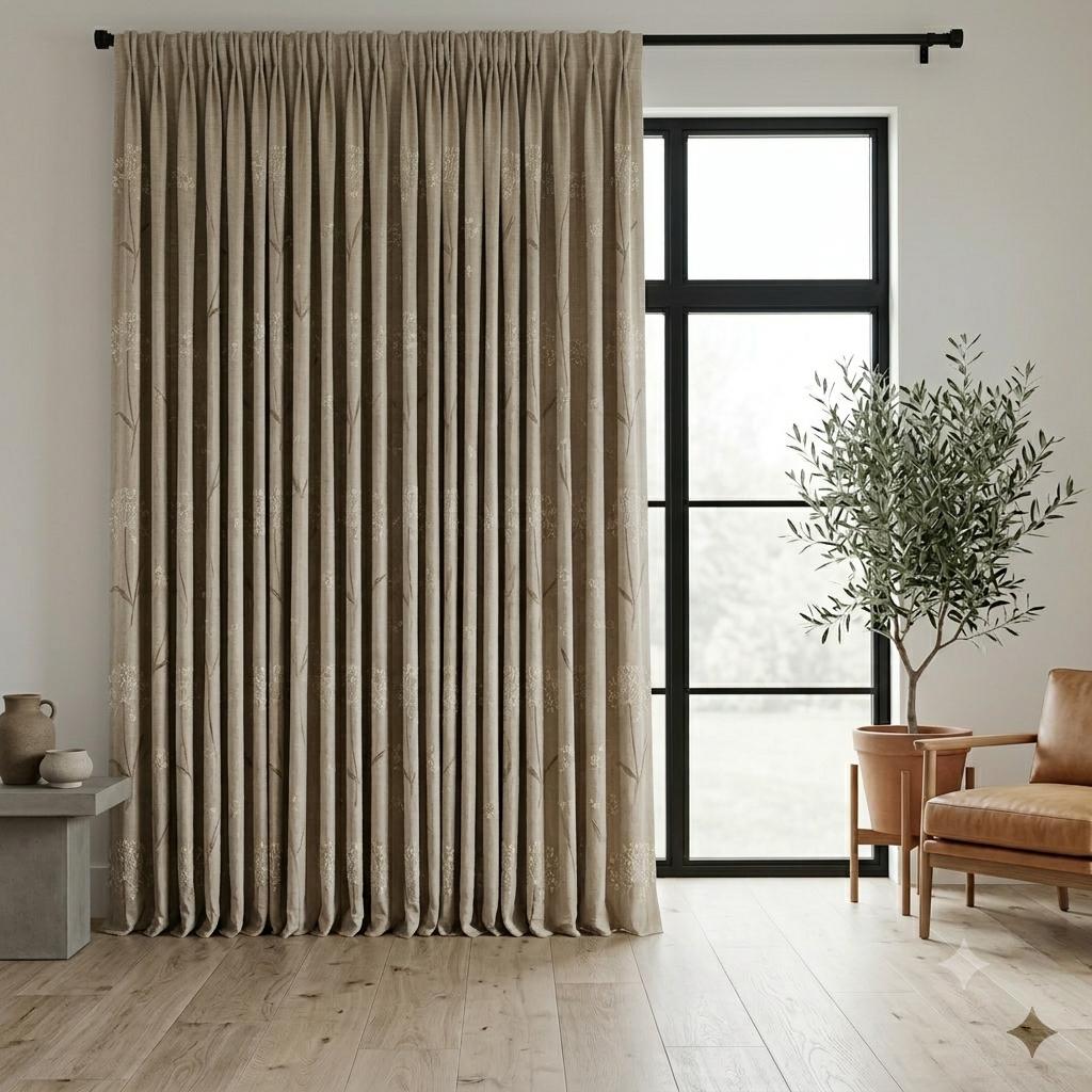Ivory Taupe Wildflower Embroidered Linen Curtains, Natural Beige Heavy Drapes, Custom Blackout Cotton Lined Panels — image 9