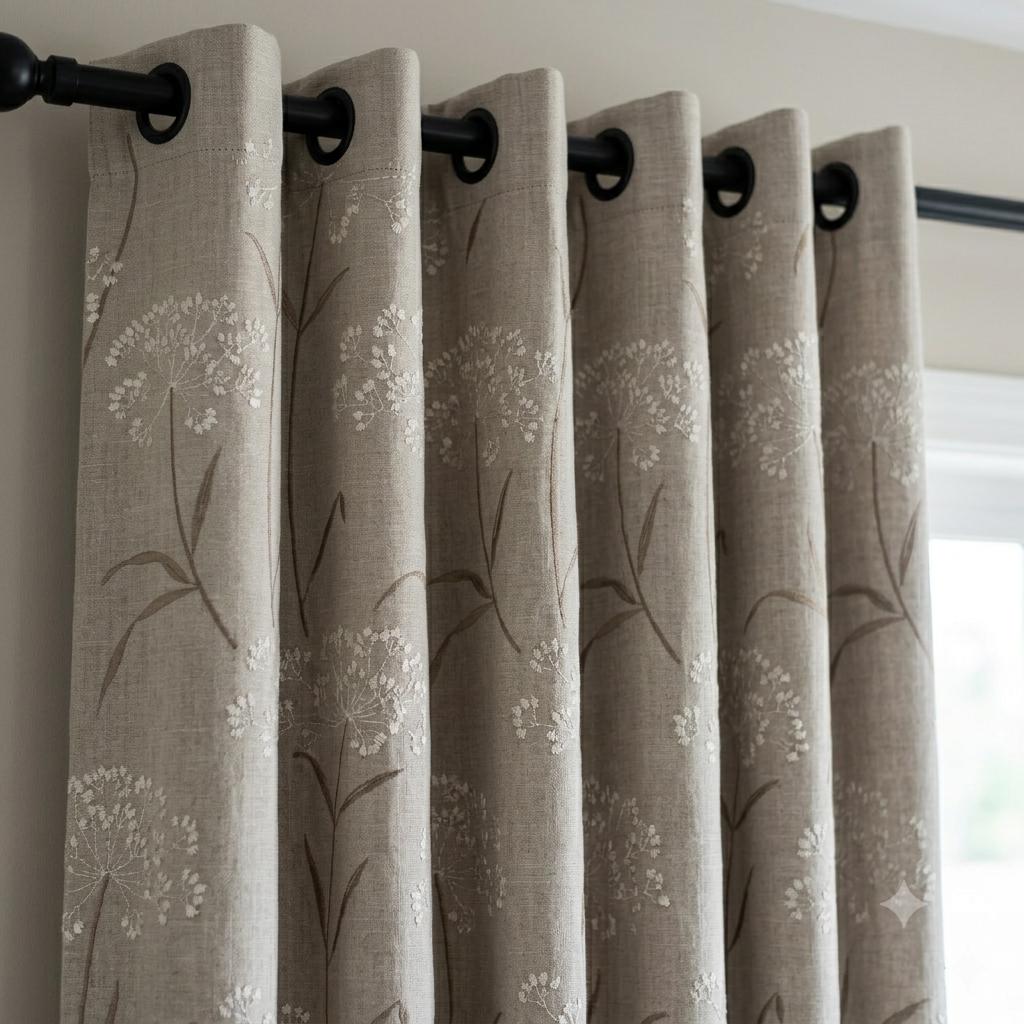 Ivory Taupe Wildflower Embroidered Linen Curtains, Natural Beige Heavy Drapes, Custom Blackout Cotton Lined Panels — image 6