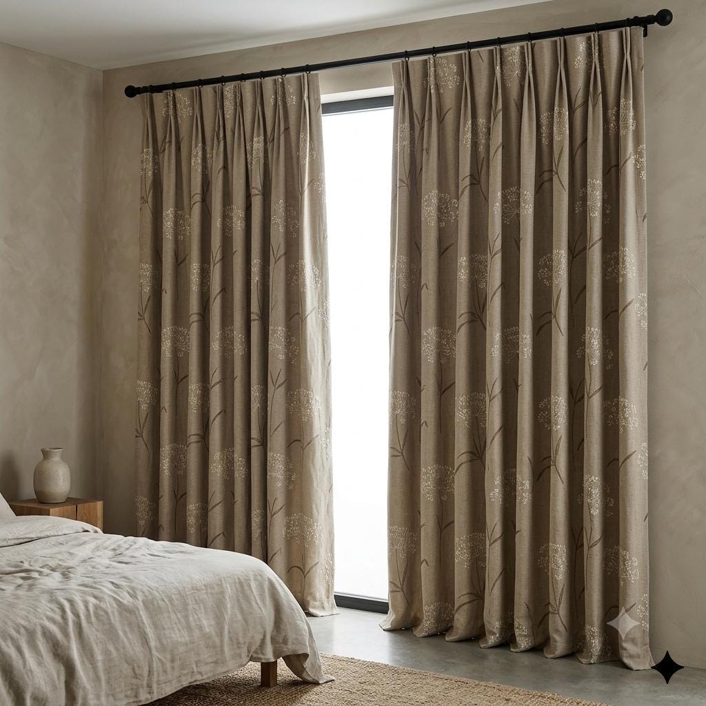 Ivory Taupe Wildflower Embroidered Linen Curtains, Natural Beige Heavy Drapes, Custom Blackout Cotton Lined Panels — image 4