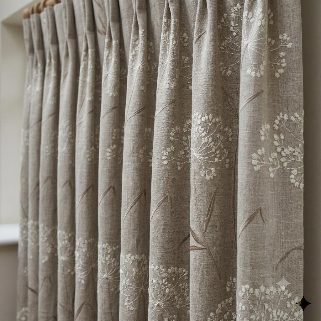 Ivory Taupe Wildflower Embroidered Linen Curtains, Natural Beige Heavy Drapes, Custom Blackout Cotton Lined Panels — image 8