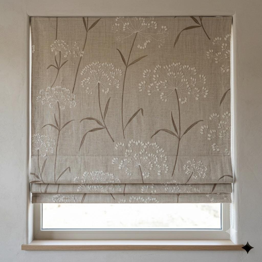 Beige Ivory Wildflower Embroidered Linen Roman Shade, Custom Blackout or Cotton Lined Corded Window Blind, Brown Stem Blind — image 3
