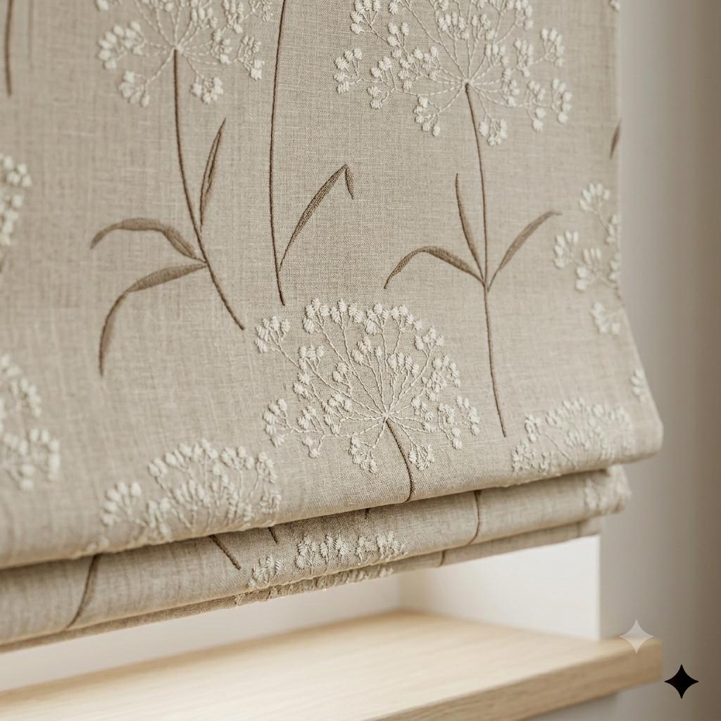Beige Ivory Wildflower Embroidered Linen Roman Shade, Custom Blackout or Cotton Lined Corded Window Blind, Brown Stem Blind — image 4