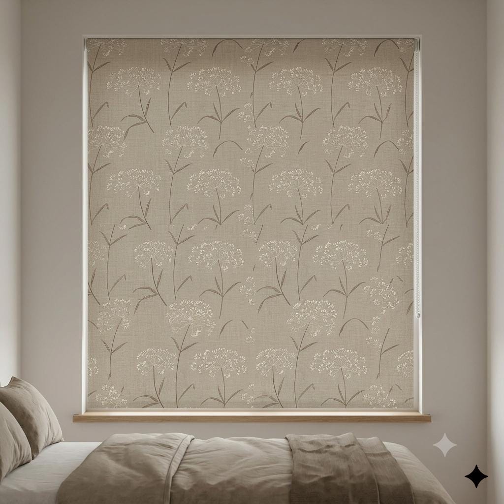 Beige Ivory Wildflower Embroidered Linen Roman Shade, Custom Blackout or Cotton Lined Corded Window Blind, Brown Stem Blind — image 9