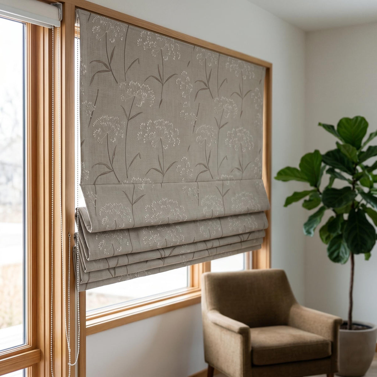 Beige Ivory Wildflower Embroidered Linen Roman Shade, Custom Blackout or Cotton Lined Corded Window Blind, Brown Stem Blind — image 6