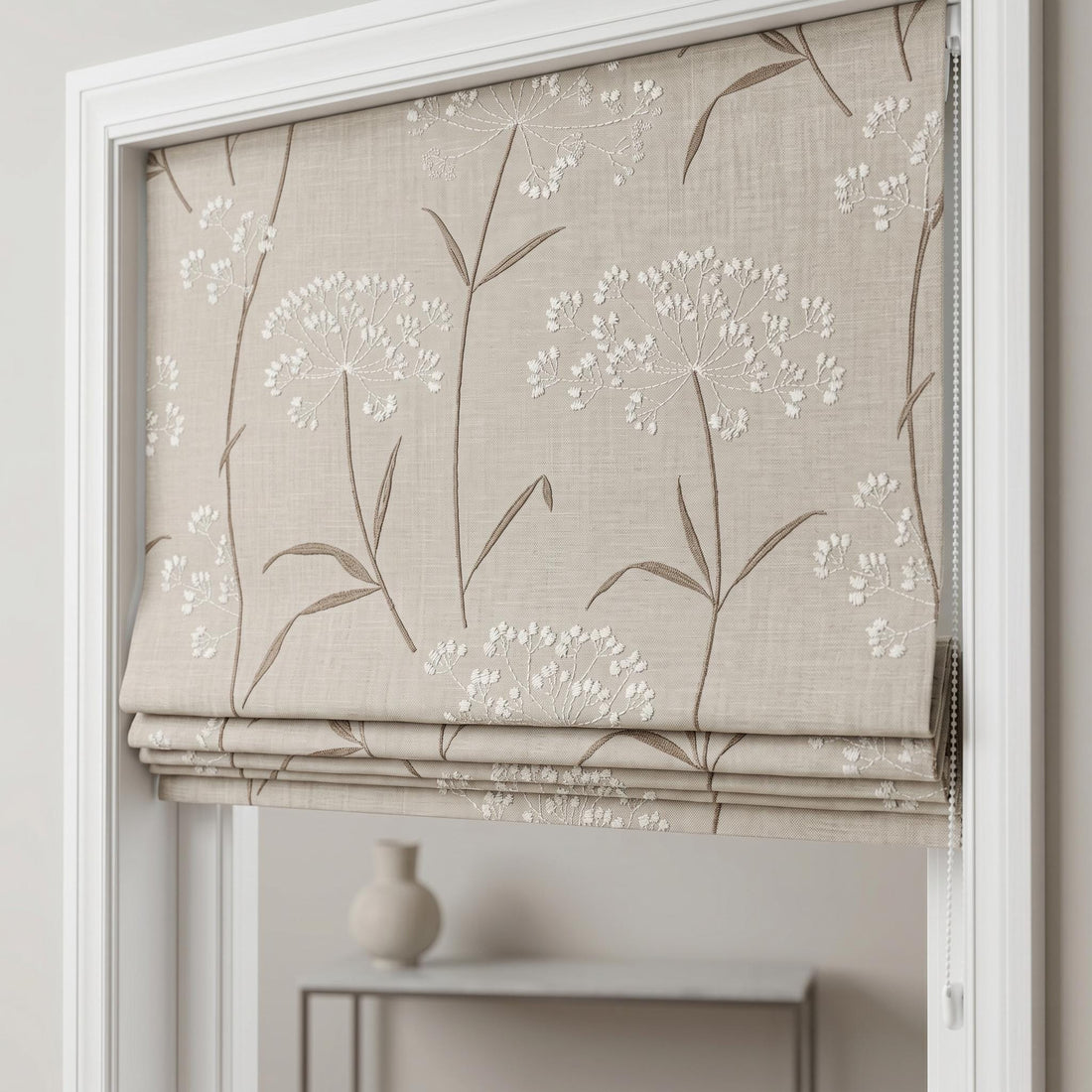 Beige Ivory Wildflower Embroidered Linen Roman Shade, Custom Blackout or Cotton Lined Corded Window Blind, Brown Stem Blind — image 1
