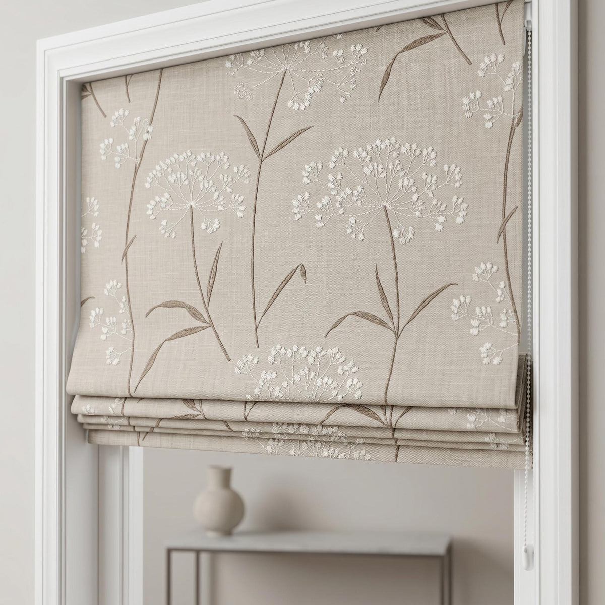 Beige Ivory Wildflower Embroidered Linen Roman Shade, Custom Blackout or Cotton Lined Corded Window Blind, Brown Stem Blind — image 1