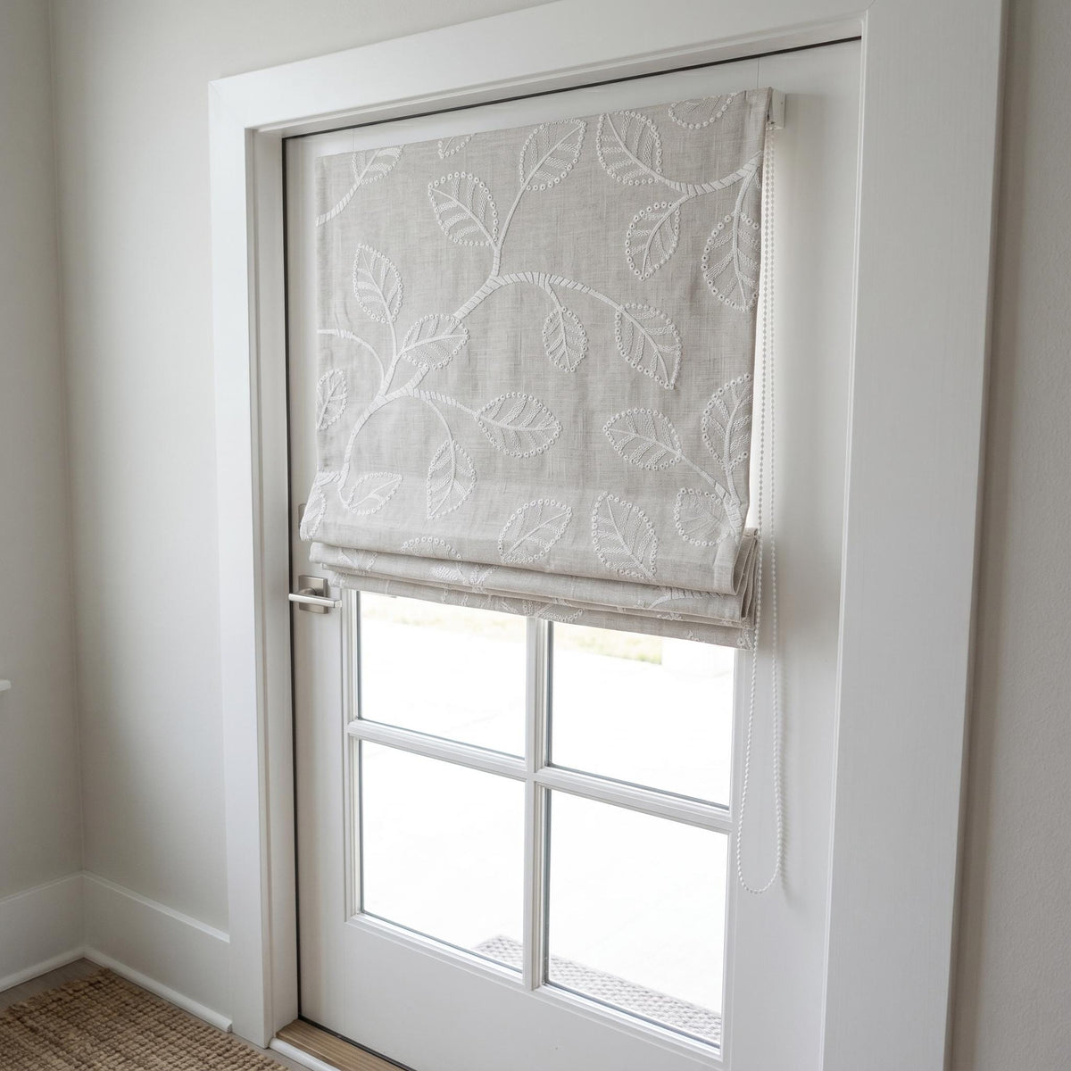 Ivory Leaf Vine Embroidered Linen Roman Shade, Custom Blackout or Cotton Lined Corded Window Blind, Dove Grey Blind — image 3