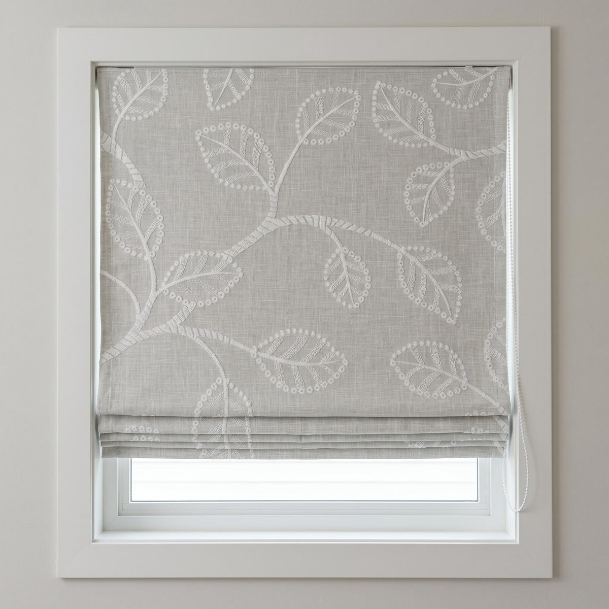 Ivory Leaf Vine Embroidered Linen Roman Shade, Custom Blackout or Cotton Lined Corded Window Blind, Dove Grey Blind — image 5
