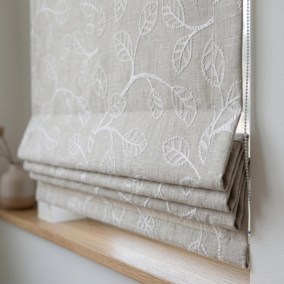 Ivory Leaf Vine Embroidered Linen Roman Shade, Custom Blackout or Cotton Lined Corded Window Blind, Dove Grey Blind — image 1
