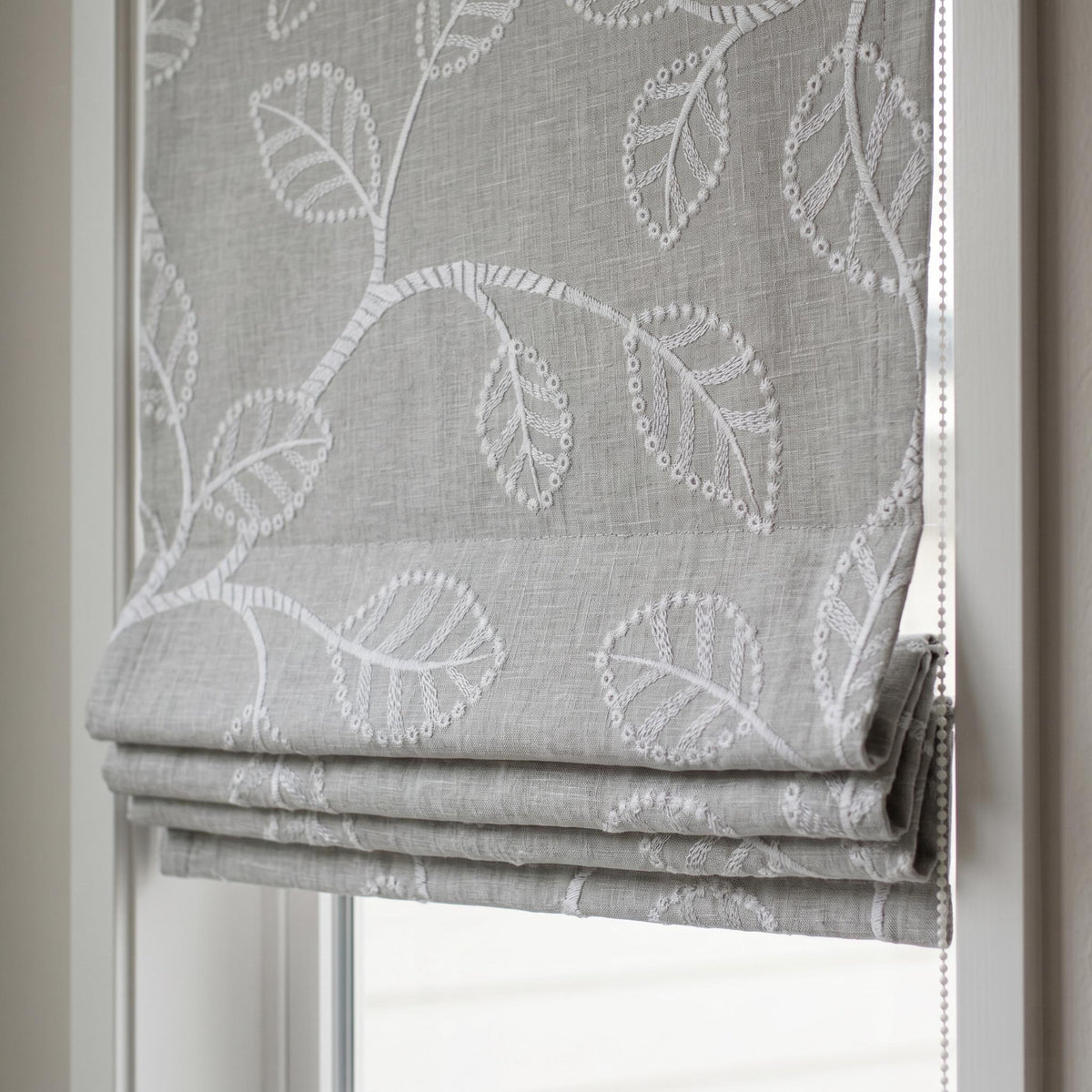 Ivory Leaf Vine Embroidered Linen Roman Shade, Custom Blackout or Cotton Lined Corded Window Blind, Dove Grey Blind — image 4