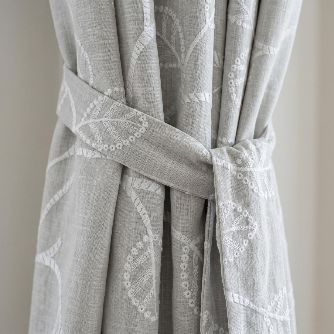 Ivory White Leaf Vine Embroidered Linen Curtains, Soft Grey Heavy Drapes, Custom Blackout Cotton Lined Panels — image 1