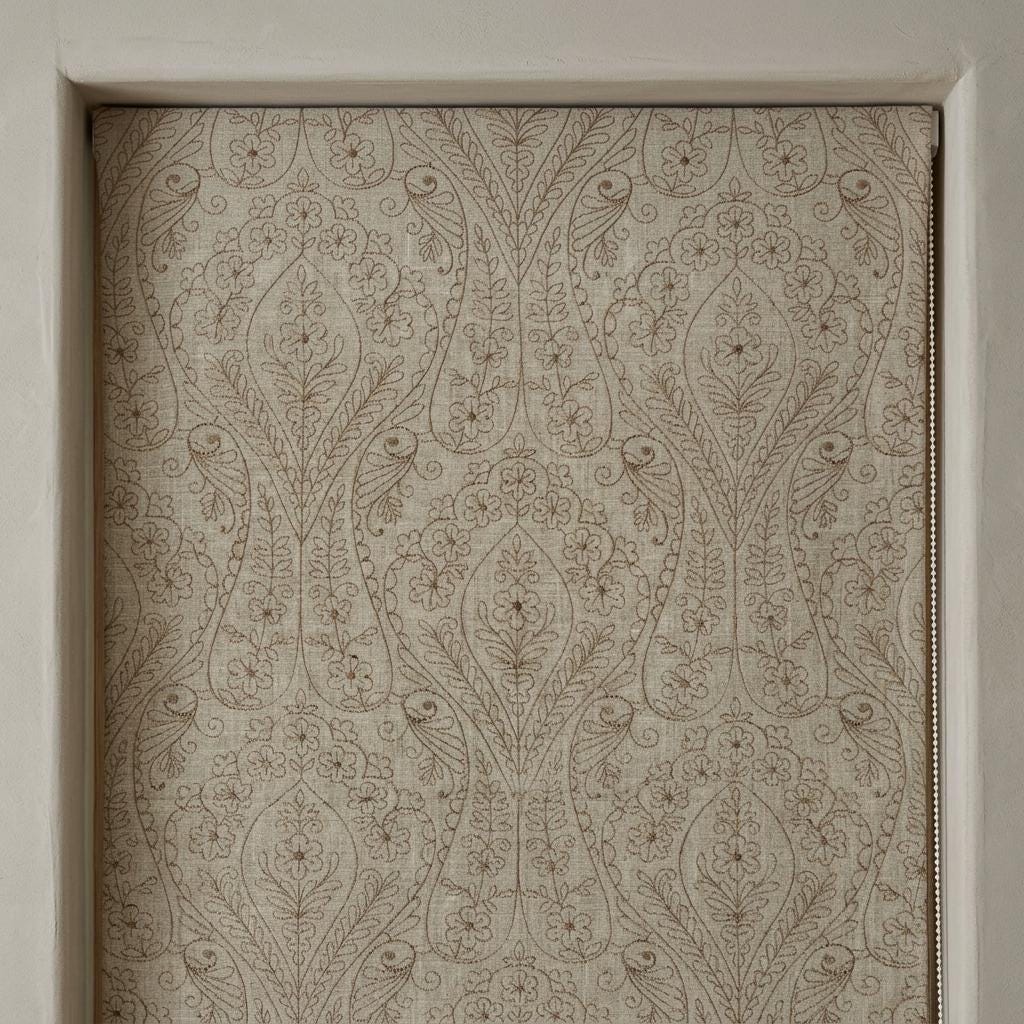 Taupe Floral Embroidered Linen Roman Shade, Custom Blackout or Cotton Lined Corded Window Blind, Beige Paisley Botanical Blind — image 7