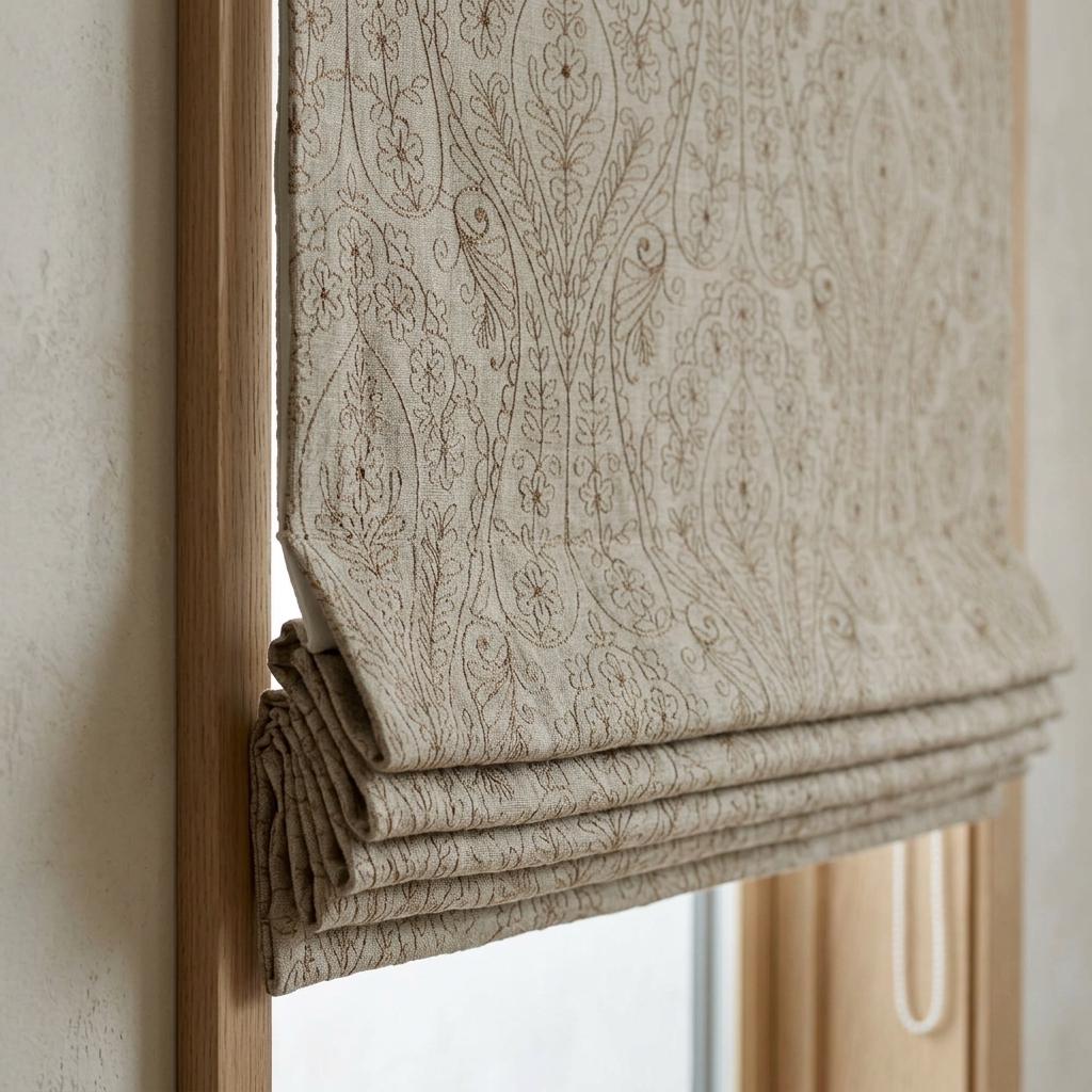 Taupe Floral Embroidered Linen Roman Shade, Custom Blackout or Cotton Lined Corded Window Blind, Beige Paisley Botanical Blind — image 2