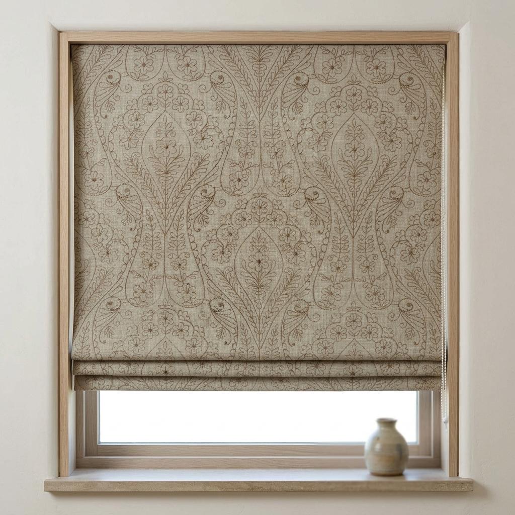 Taupe Floral Embroidered Linen Roman Shade, Custom Blackout or Cotton Lined Corded Window Blind, Beige Paisley Botanical Blind — image 3