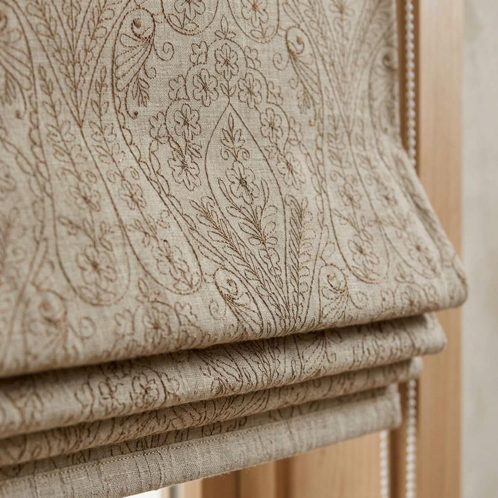 Taupe Floral Embroidered Linen Roman Shade, Custom Blackout or Cotton Lined Corded Window Blind, Beige Paisley Botanical Blind — image 6