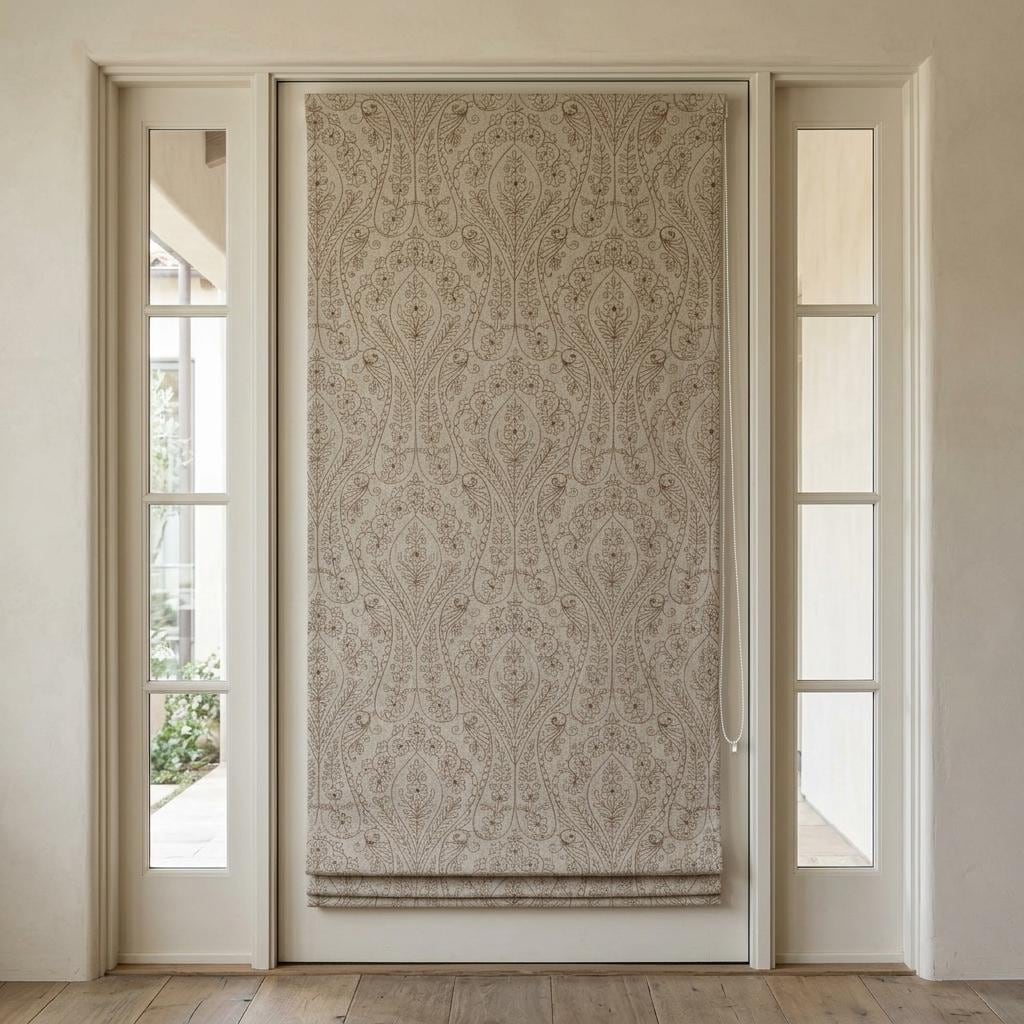 Taupe Floral Embroidered Linen Roman Shade, Custom Blackout or Cotton Lined Corded Window Blind, Beige Paisley Botanical Blind — image 8