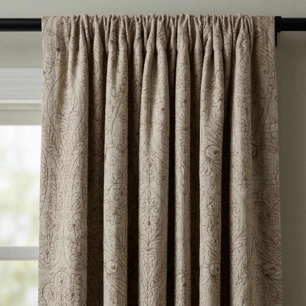 Taupe Paisley Floral Embroidered Linen Curtains, Grey Heavy Drapes, Custom Blackout Cotton Lined Panels — image 3