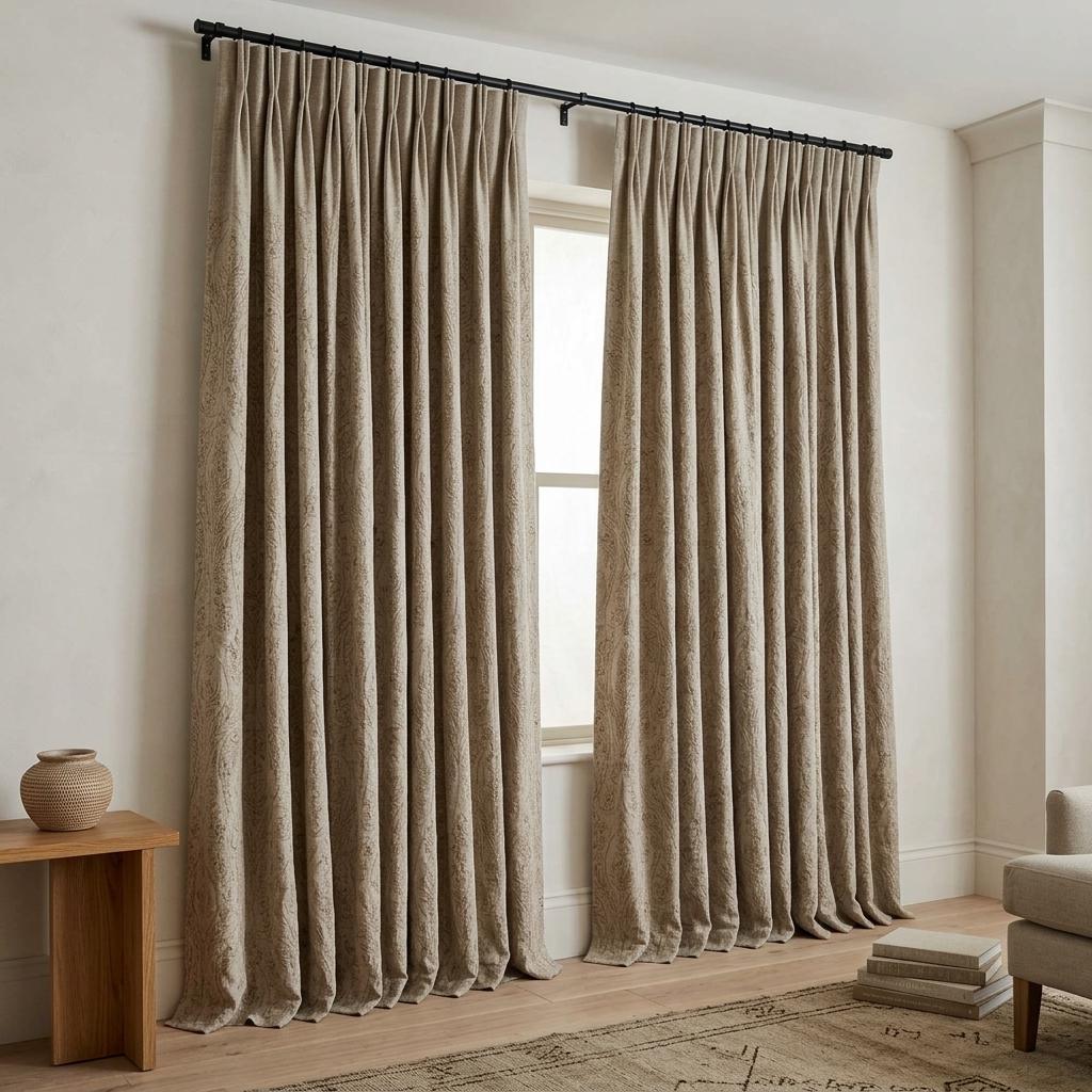 Taupe Paisley Floral Embroidered Linen Curtains, Grey Heavy Drapes, Custom Blackout Cotton Lined Panels — image 4
