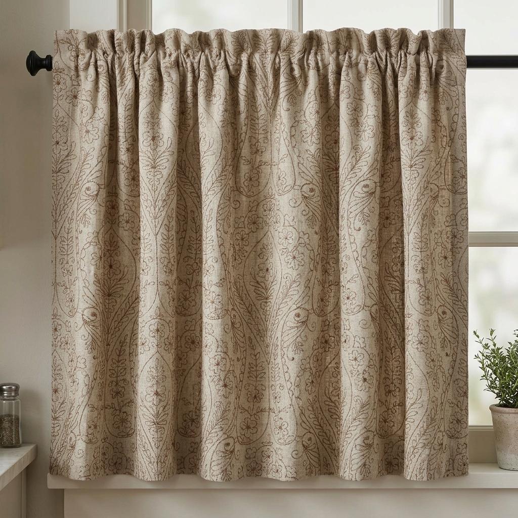 Taupe Paisley Floral Embroidered Linen Curtains, Grey Heavy Drapes, Custom Blackout Cotton Lined Panels — image 7