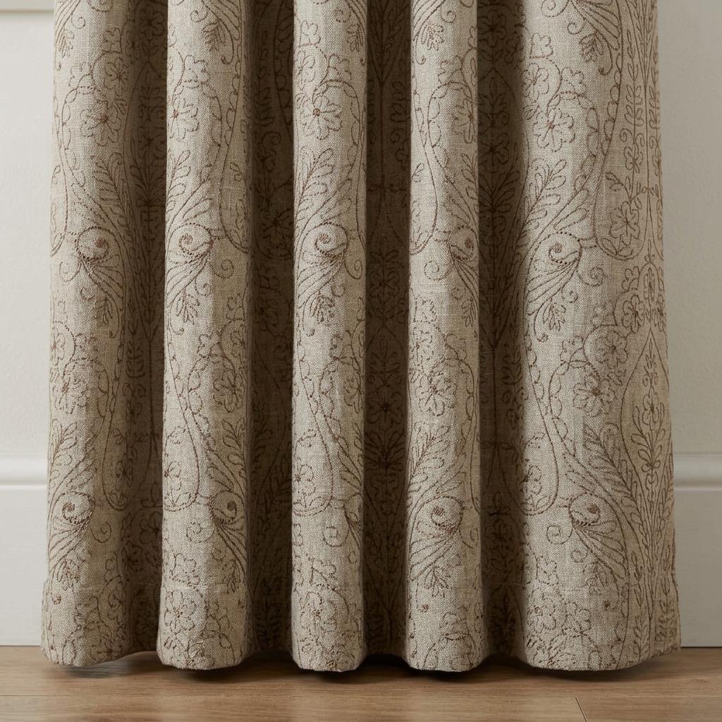 Taupe Paisley Floral Embroidered Linen Curtains, Grey Heavy Drapes, Custom Blackout Cotton Lined Panels — image 5