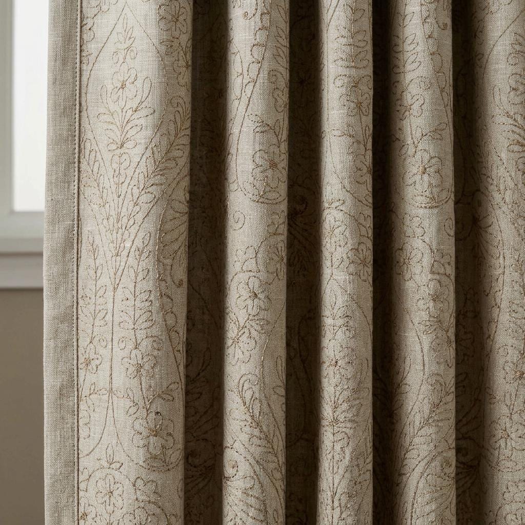 Taupe Paisley Floral Embroidered Linen Curtains, Grey Heavy Drapes, Custom Blackout Cotton Lined Panels — image 2