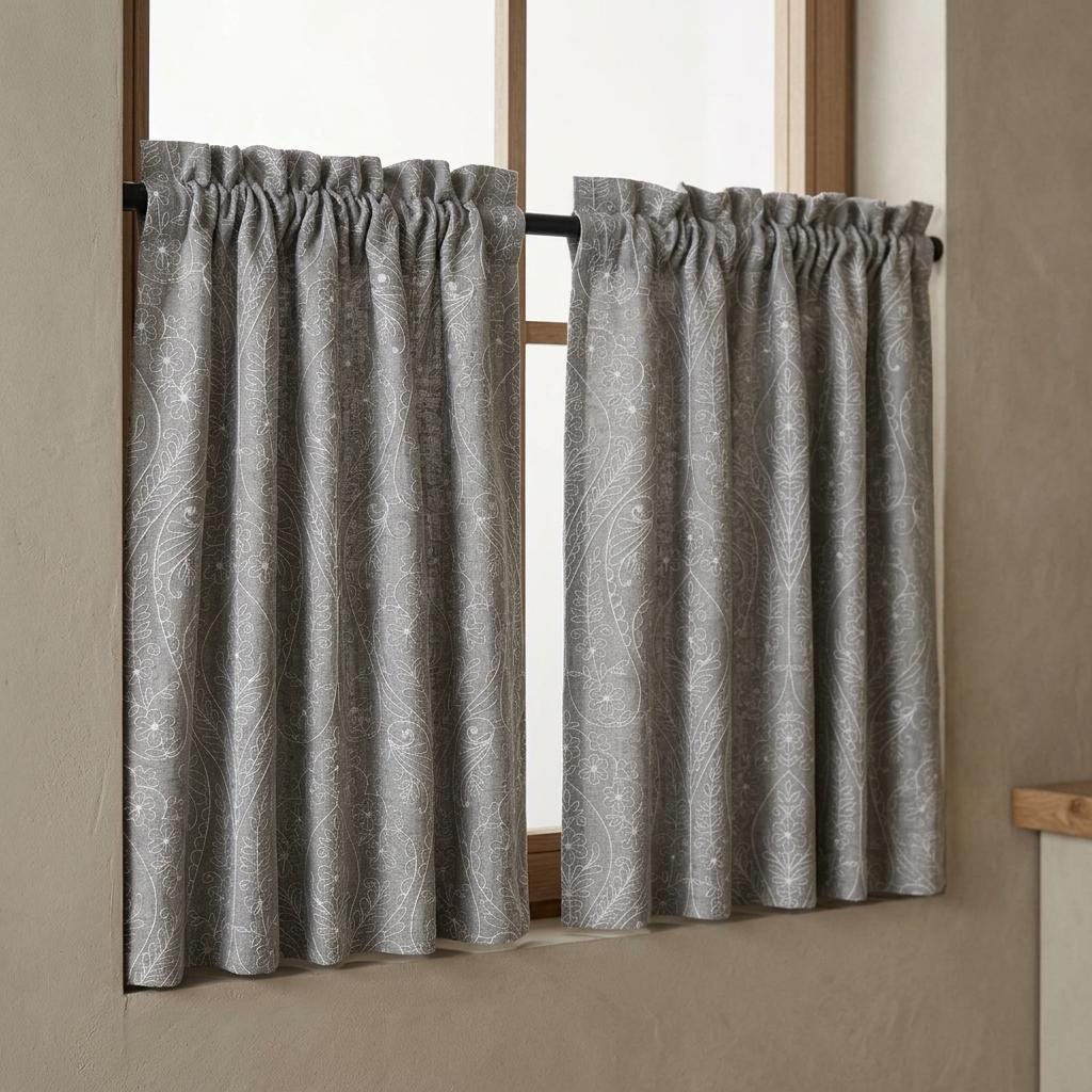 White Paisley Floral Embroidered Linen Curtains, Grey Heavy Drapes, Custom Blackout Cotton Lined Panels — image 6