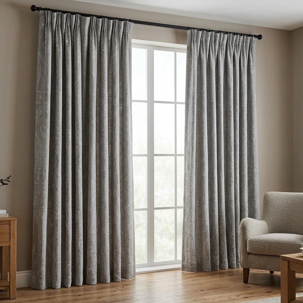 White Paisley Floral Embroidered Linen Curtains, Grey Heavy Drapes, Custom Blackout Cotton Lined Panels — image 10