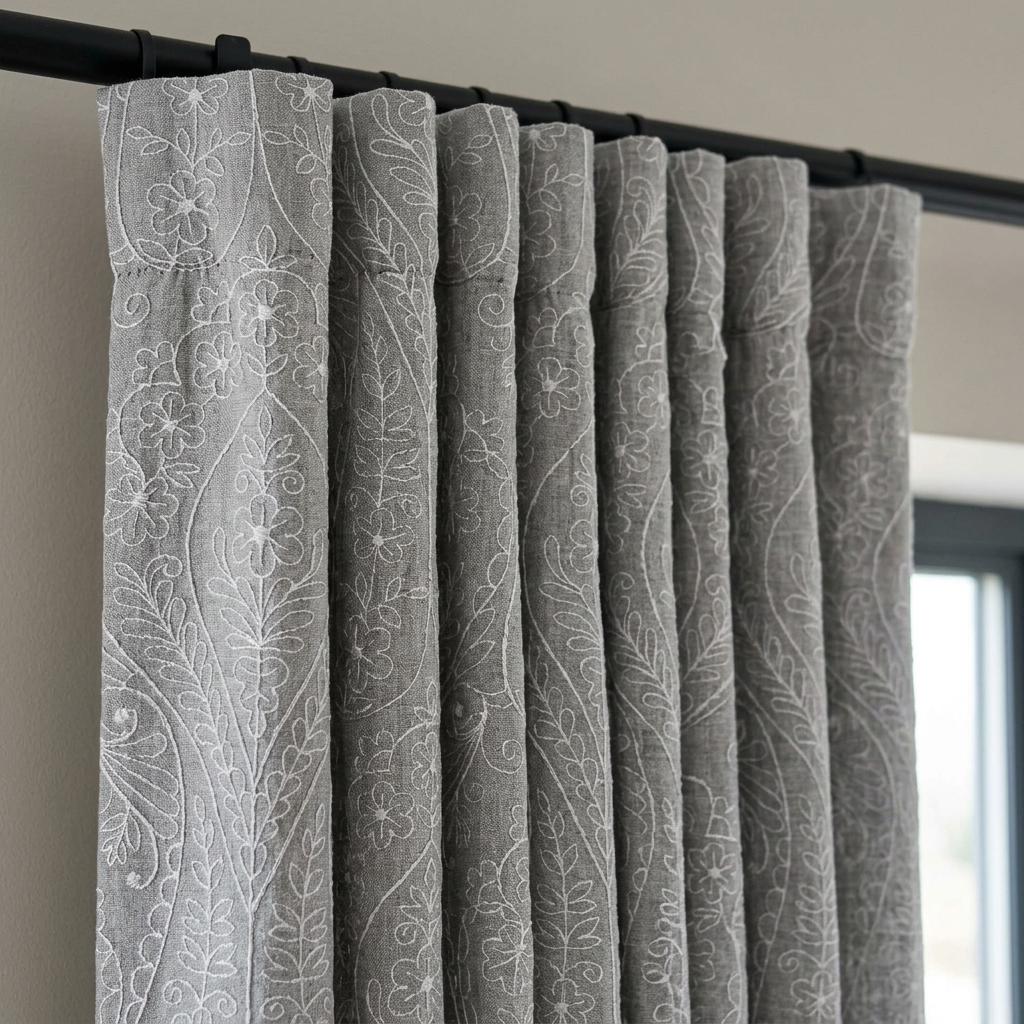 White Paisley Floral Embroidered Linen Curtains, Grey Heavy Drapes, Custom Blackout Cotton Lined Panels — image 4