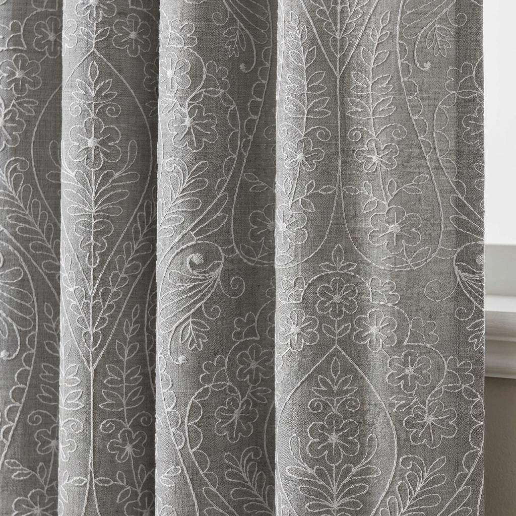 White Paisley Floral Embroidered Linen Curtains, Grey Heavy Drapes, Custom Blackout Cotton Lined Panels — image 3