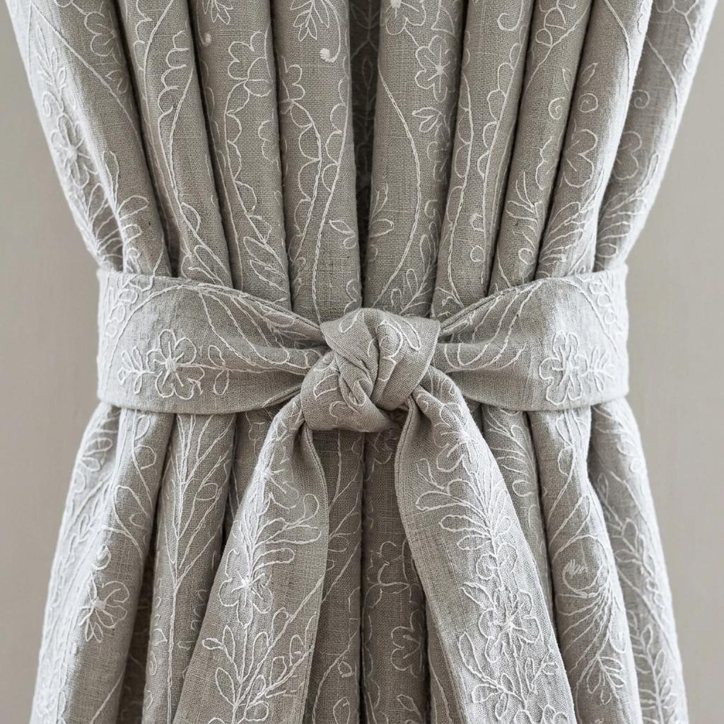 White Paisley Floral Embroidered Linen Curtains, Grey Heavy Drapes, Custom Blackout Cotton Lined Panels — image 7