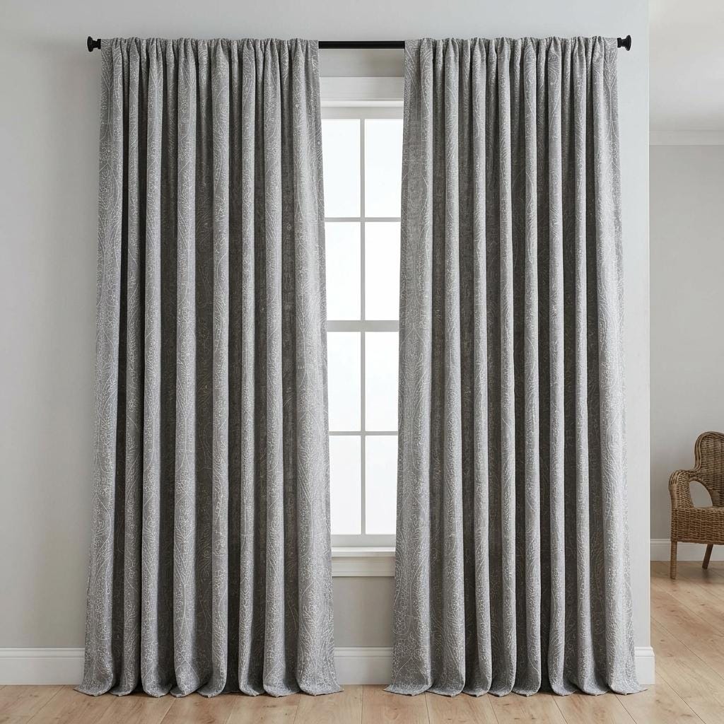 White Paisley Floral Embroidered Linen Curtains, Grey Heavy Drapes, Custom Blackout Cotton Lined Panels — image 8
