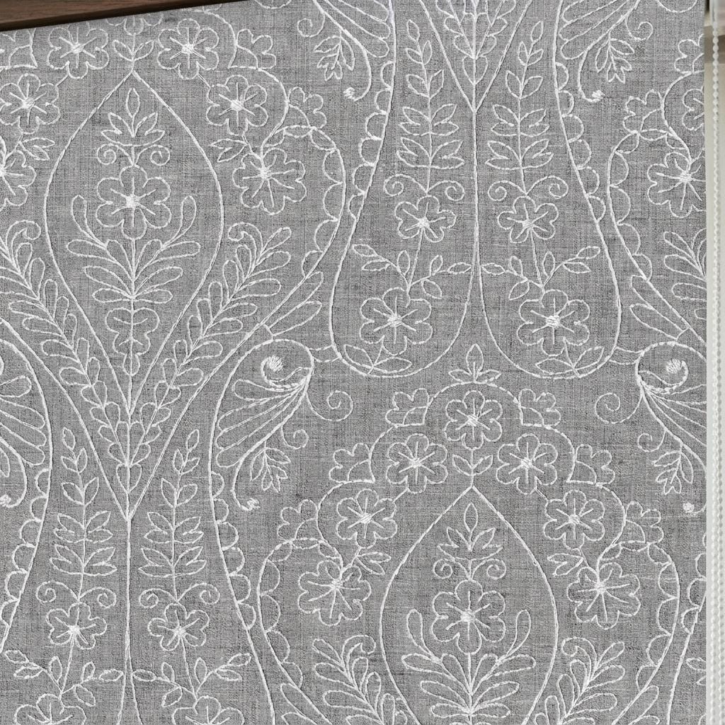 Gray Ivory Floral Embroidered Linen Roman Shade, Custom Blackout or Cotton Lined Corded Window Blind, Paisley Botanical Blind — image 9