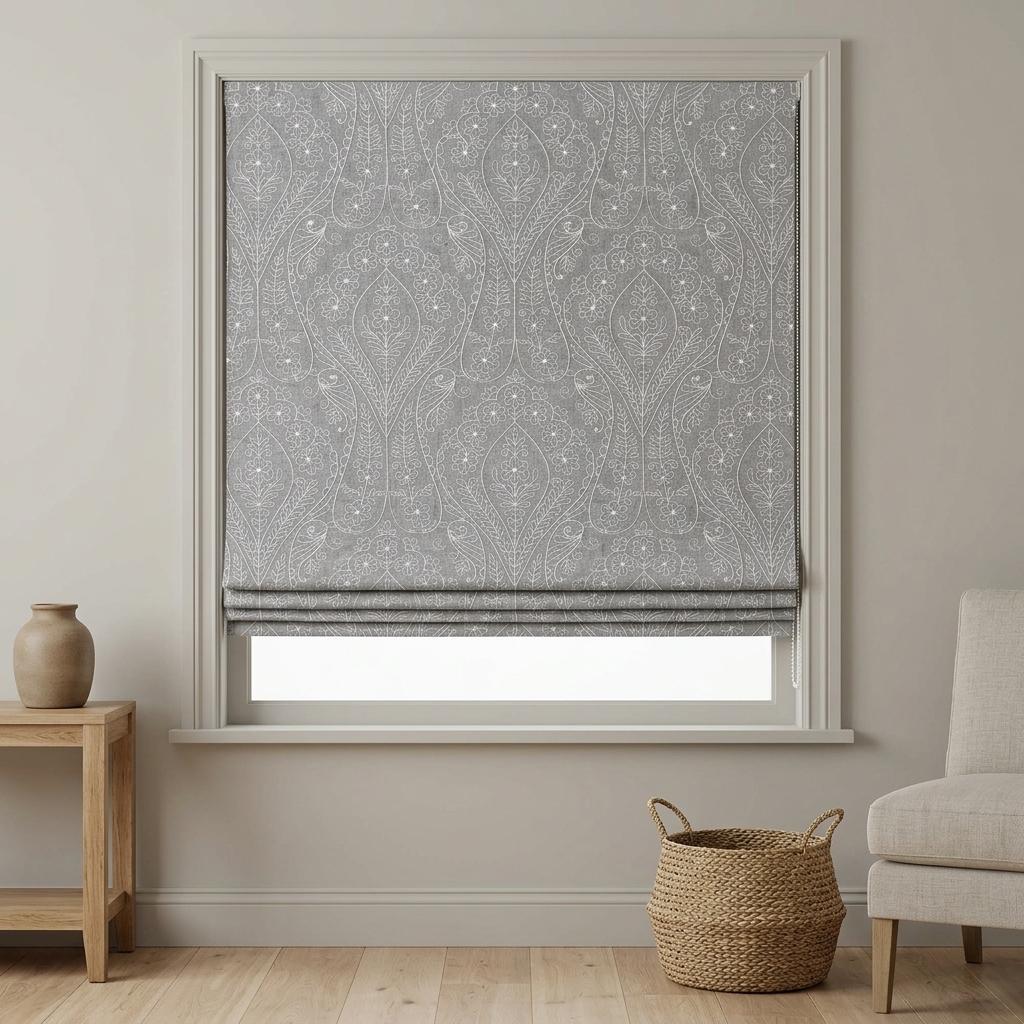Gray Ivory Floral Embroidered Linen Roman Shade, Custom Blackout or Cotton Lined Corded Window Blind, Paisley Botanical Blind — image 5