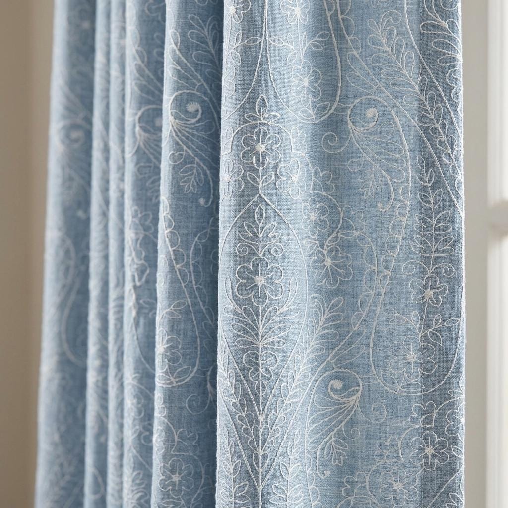 Heavy Blue Pure Linen Curtains, White Embroidered Floral Paisley Drapes, Custom Blackout Panels for Bedroom Living Room — image 1