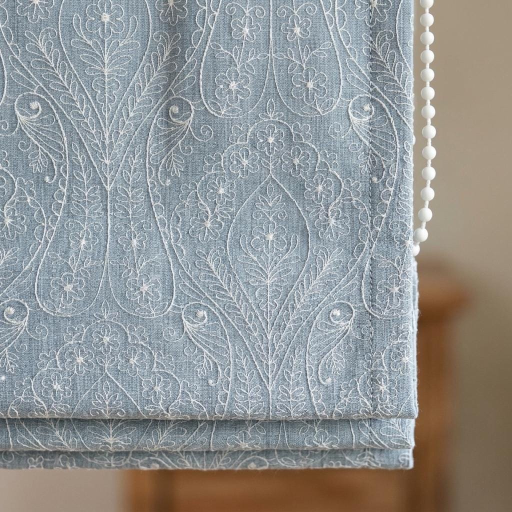 Custom Blue Pure Linen Roman Shade, White Embroidered Floral Paisley Roman Blind, Blackout Window Shade, Corded Nursery Farmhouse — image 1