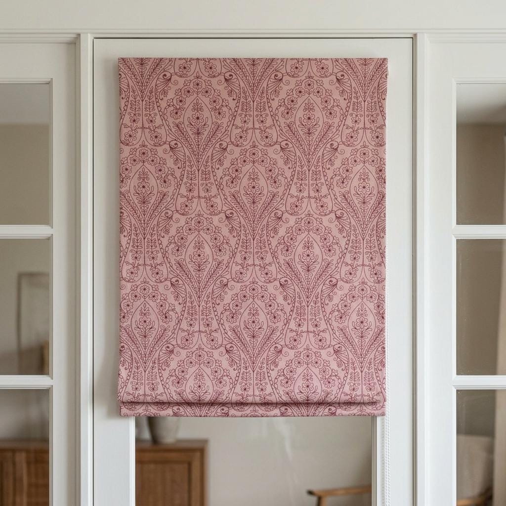 Dusty Pink Linen Roman Shade, Burgundy Embroidered Floral Paisley Blind, Custom Blackout Corded Nursery Shade — image 4