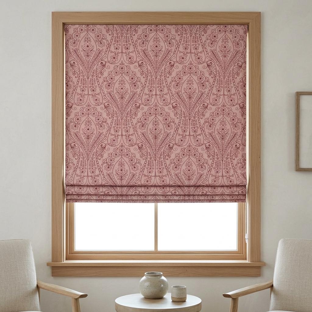 Dusty Pink Linen Roman Shade, Burgundy Embroidered Floral Paisley Blind, Custom Blackout Corded Nursery Shade — image 6
