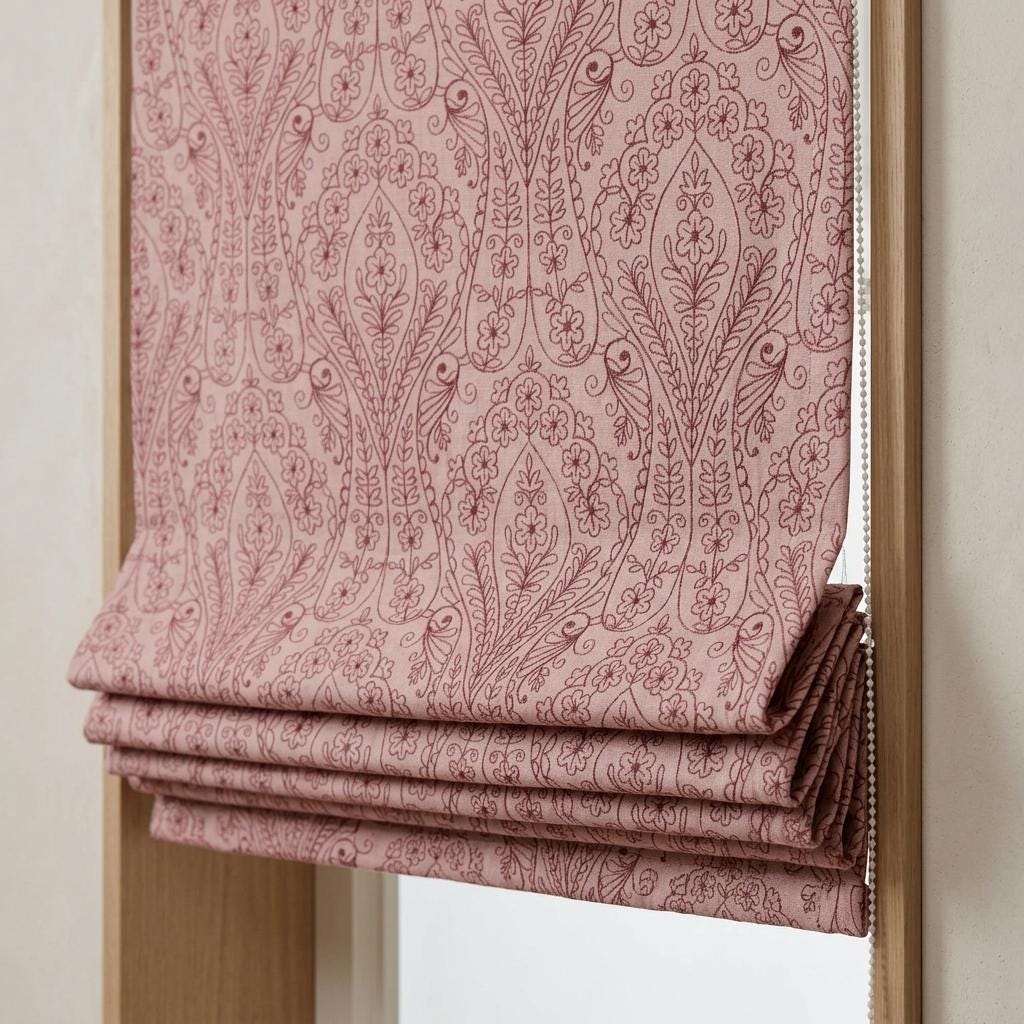 Dusty Pink Linen Roman Shade, Burgundy Embroidered Floral Paisley Blind, Custom Blackout Corded Nursery Shade — image 7