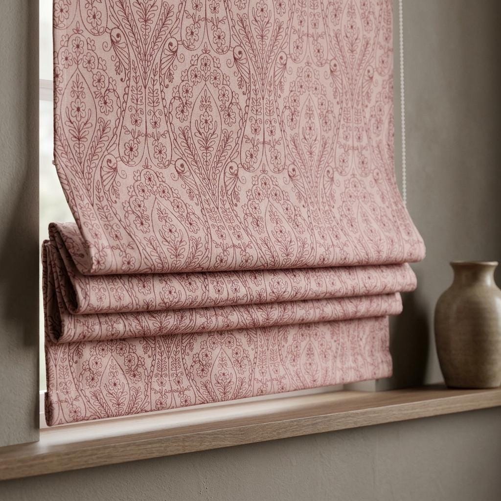 Dusty Pink Linen Roman Shade, Burgundy Embroidered Floral Paisley Blind, Custom Blackout Corded Nursery Shade — image 5
